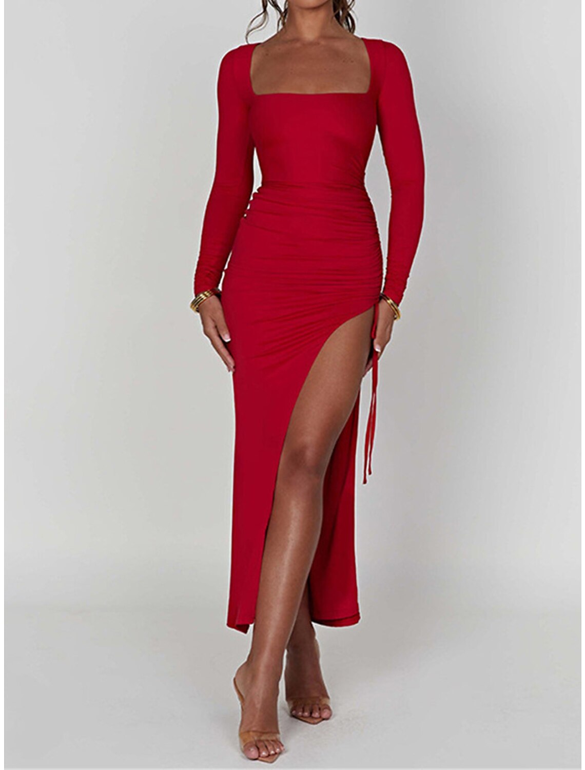 Women's Prom Dress Party Dress New Year's Eve Dress Wedding Guest Dress Long Dress Maxi Dress Black Red Long Sleeve Split Spring Fall Winter Square Neck