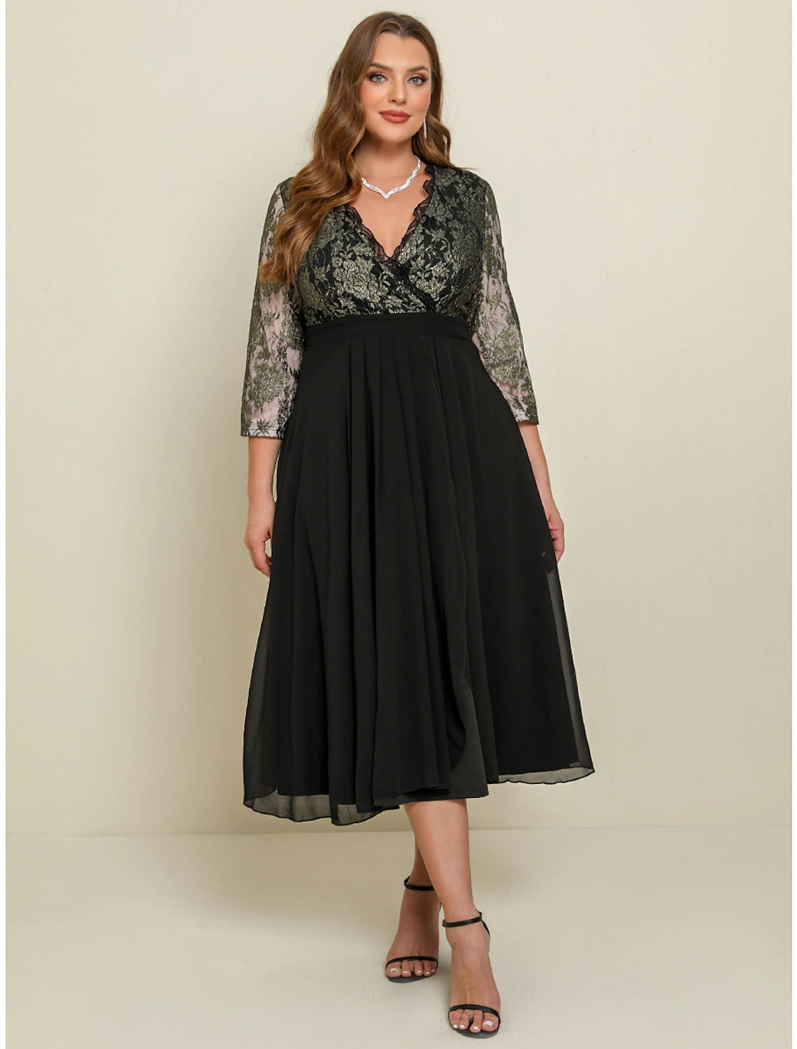 Robe noire pour femme, robe de bal, robe en dentelle noire, grande taille, robe de soirée, robe trapèze, robe longue à fleurs, robe longue, manches 3/4, patchwork, col en V, robe d'invitée de mariage