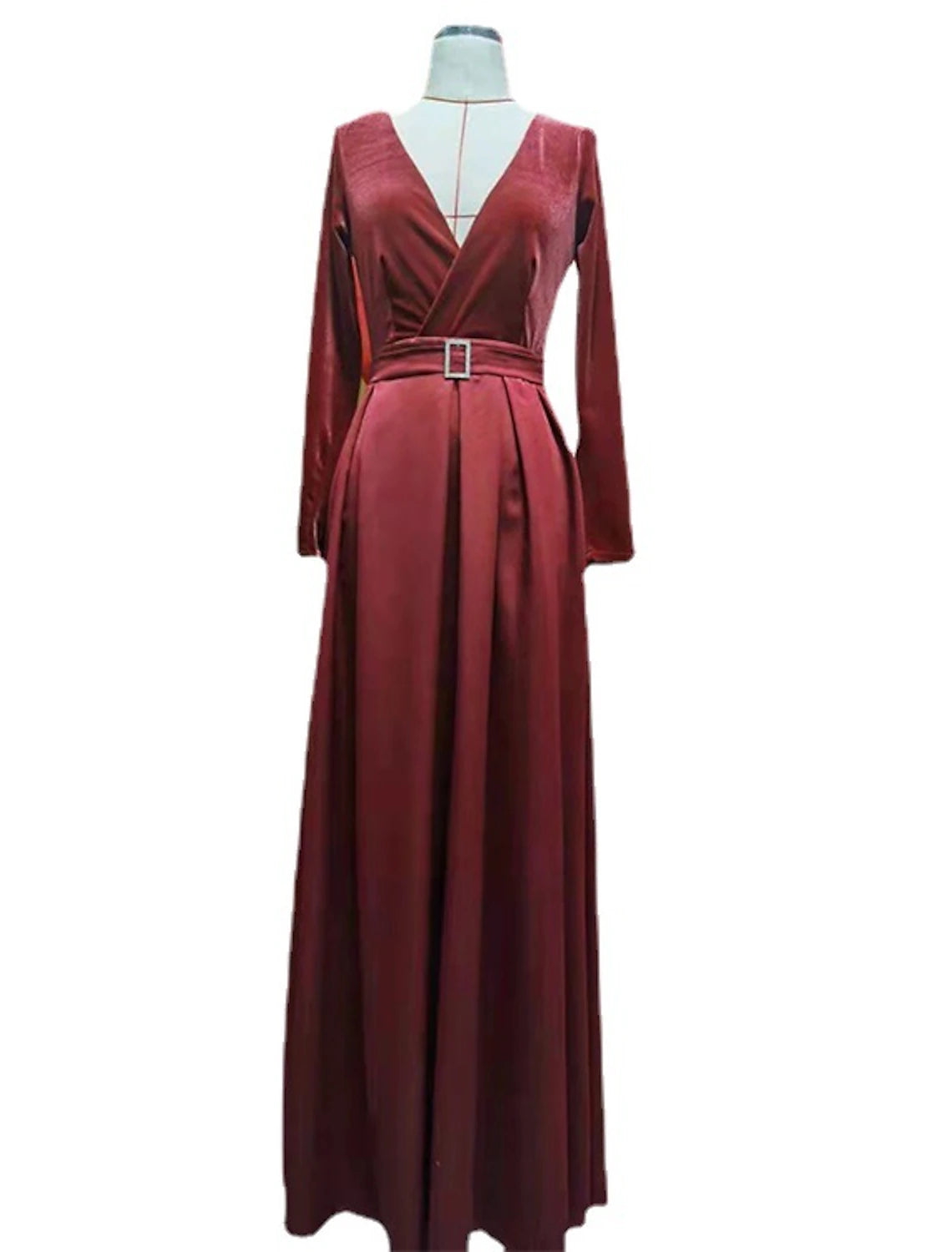 Robe de soirée pour femme en velours, robe longue rouge, robe longue, robe longue, vin, manches longues, couleur unie, froncée, plissée, fendue, hiver, automne, col en V, fête, chaude, élégante, automne, hiver