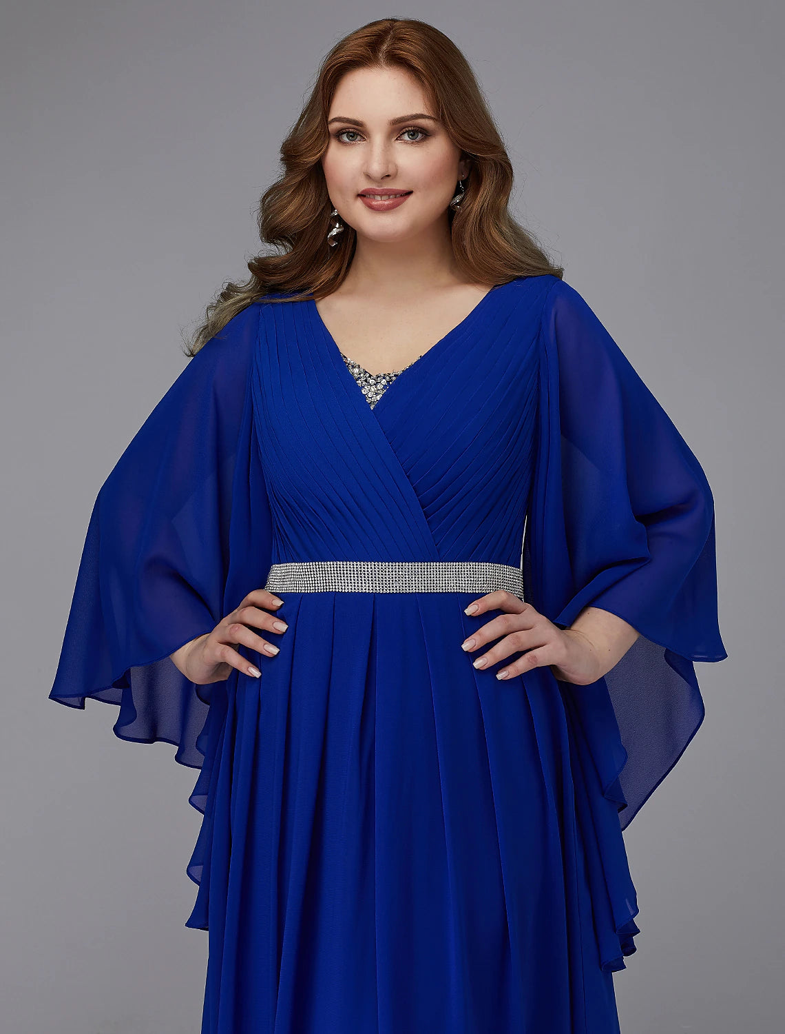 Robe trapèze grande taille Weitese pour invité de mariage, soirée formelle, longueur au sol, manches longues, col en V, mousseline, lacets avec cristaux et paillettes