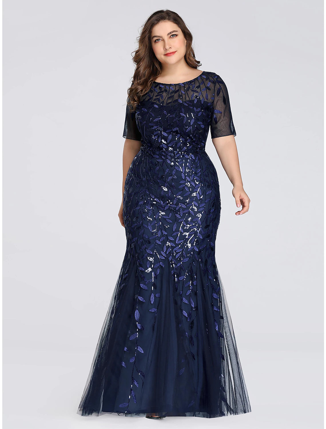 Robe de soirée sirène/trompette Weitese grande taille, robe de soirée formelle, longueur au sol, manches courtes, col bijou, en tulle, dos échelle avec appliques à paillettes