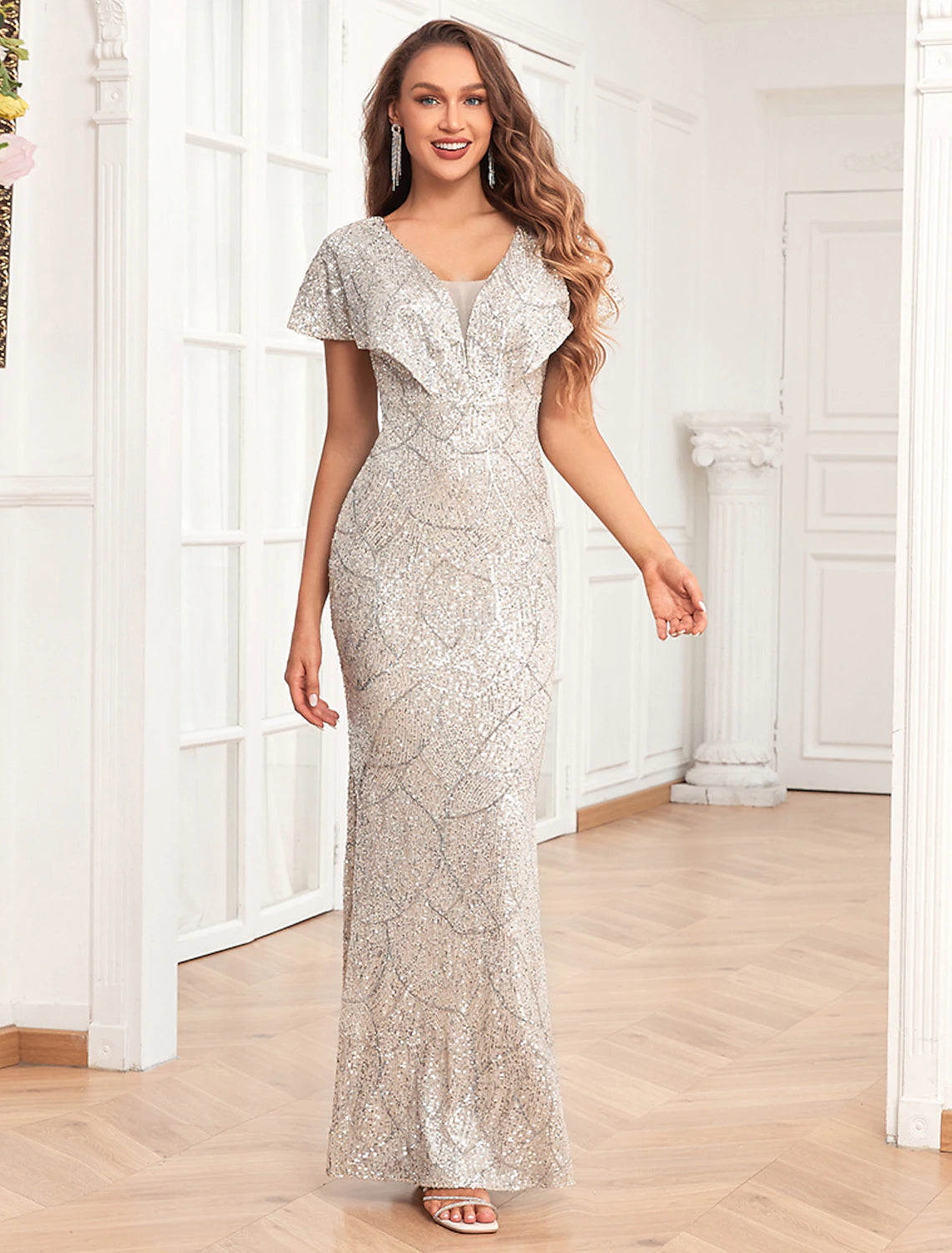 Weitese Mermaid / Trumpet Evening Gown Elegant Dress Evening Party Prom Floor Length Short Sleeve V Neck Fall Wedding Reception Sequined V Back with Sequin