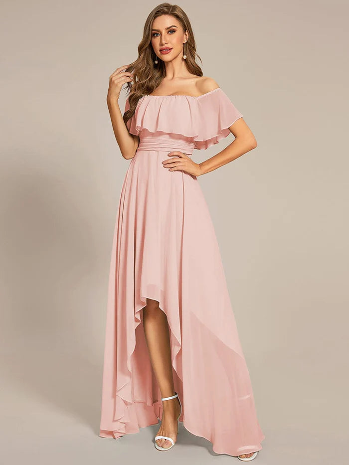 Weitese Elegant Chiffon High-Low Off The Shoulder Bridesmaid Dress