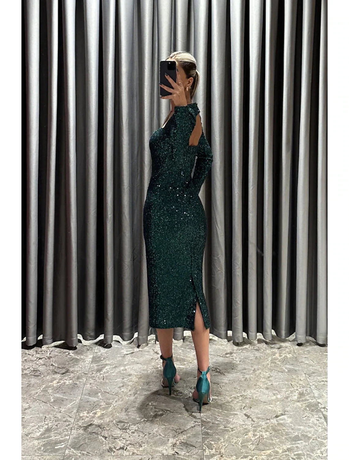 Evening Gown Elegant Black Dress Formal Fall Tea Length Long Sleeve Square Neck Sequined with Glitter Slit