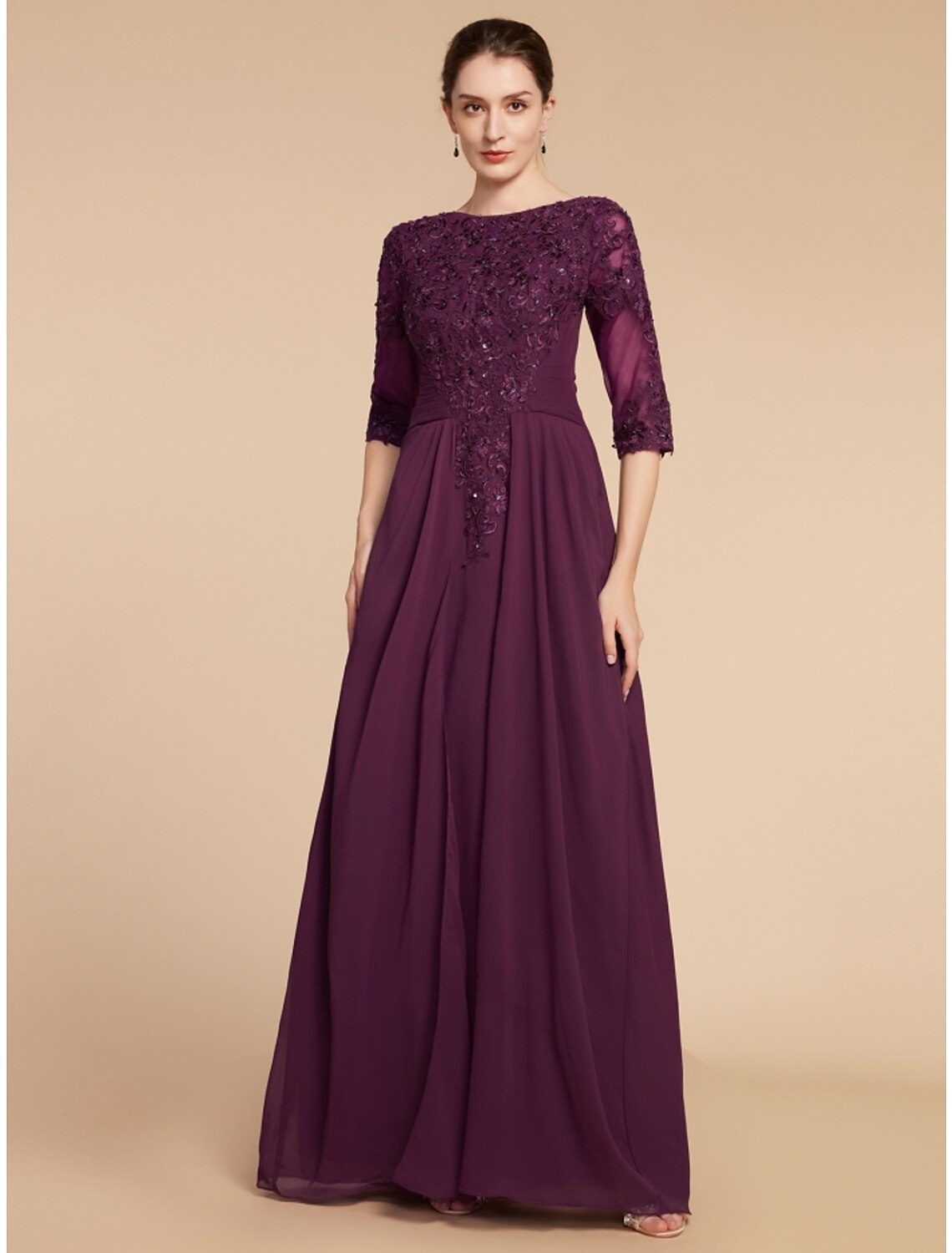 Weitese Sheath / Column Mother of the Bride Dress Wedding Guest Elegant Scoop Neck Floor Length Chiffon Lace Half Sleeve with Pleats Sequin