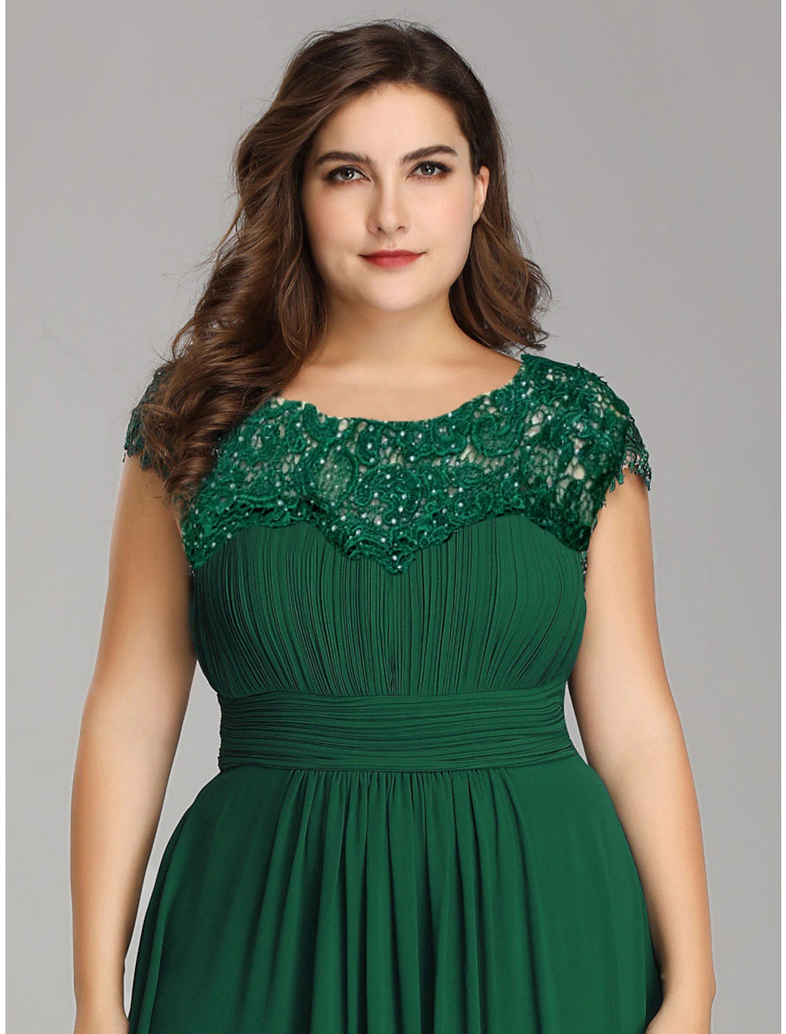 Weitese A-Line Mother of the Bride Dress Wedding Guest Plus Size Jewel Neck Floor Length Chiffon Short Sleeve with Lace Ruching Fall