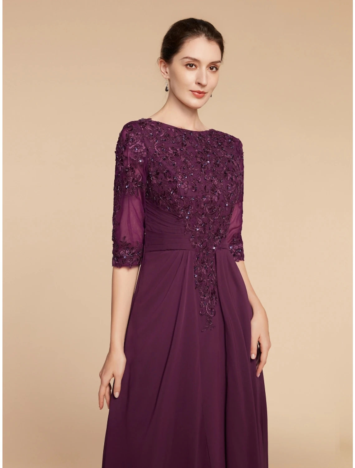 Weitese Sheath / Column Mother of the Bride Dress Wedding Guest Elegant Scoop Neck Floor Length Chiffon Lace Half Sleeve with Pleats Sequin