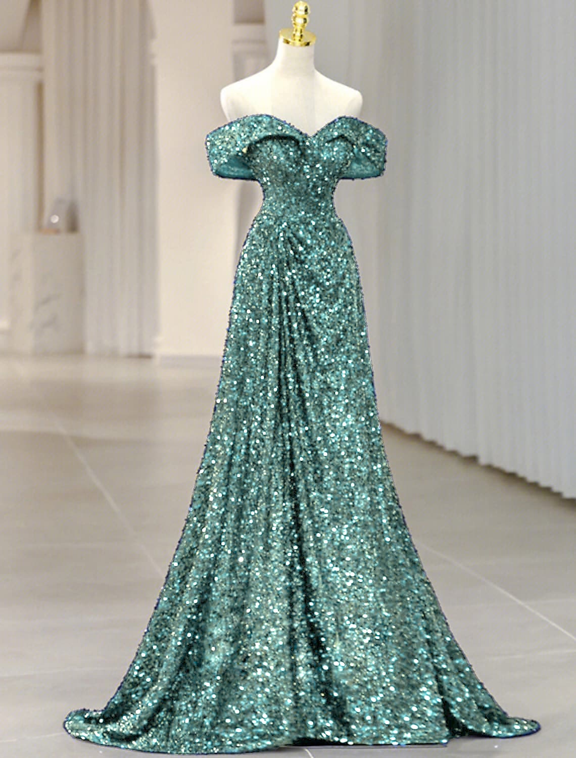 A-Line Evening Gown Elegant Dress Formal Wedding Guest Sweep / Brush Train Sleeveless Off Shoulder Sequined