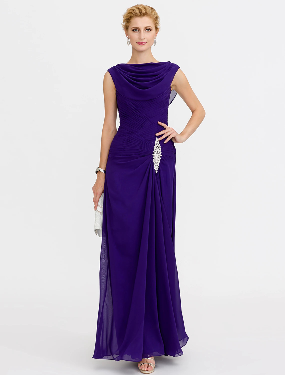 Weitese Sheath / Column Mother of the Bride Dress Color Block Lace Up Cowl Neck Ankle Length Chiffon Charmeuse Sleeveless with Criss Cross Beading