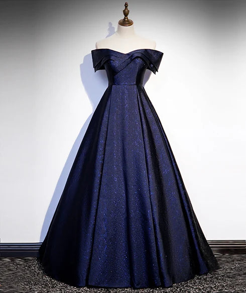 Navy Blue Off Shoulder Glitter Satin A Line Prom Dress