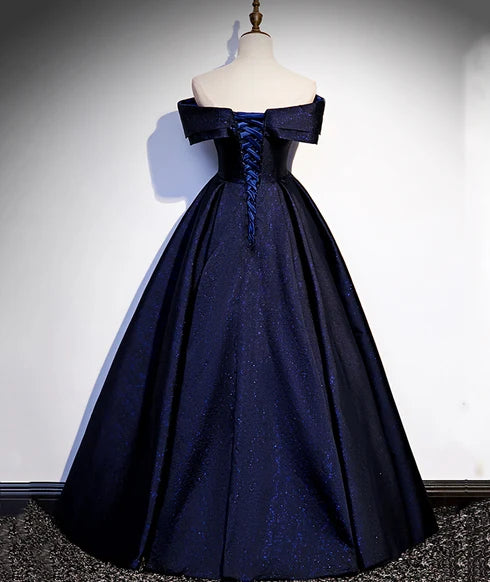 Navy Blue Off Shoulder Glitter Satin A Line Prom Dress