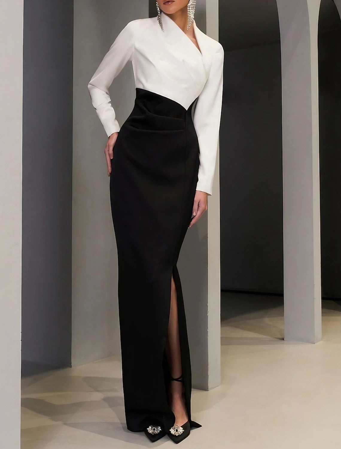 Sheath / Column Evening Gown Elegant Dress Formal Wedding Guest Floor Length Long Sleeve V Neck Black Dress Stretch Fabric