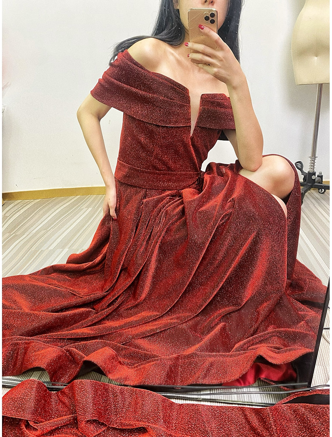 A-Line Evening Gown Sparkle & Shine Dress Formal Fall Court Train Sleeveless Off Shoulder Sequined