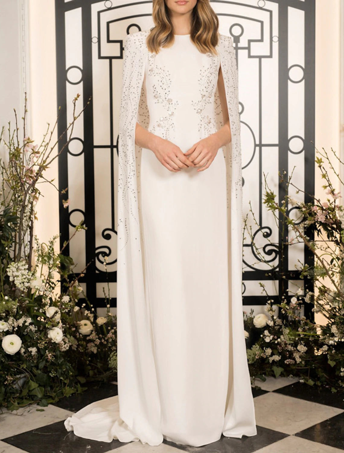 Sheath / Column Prom Gown Elegant Dress Wedding Guest Wedding Party Floor Length Sleeveless Jewel Neck Capes Stretch Chiffon