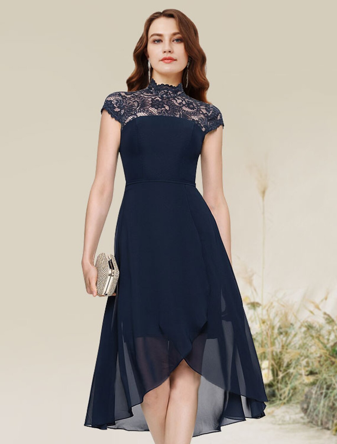 Weitese A-Line Cocktail Dresses Flirty Dress Wedding Guest Asymmetrical Sleeveless Jewel Neck Chiffon with Lace Insert/Mother of the Bride Dress