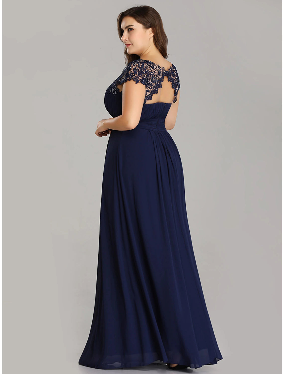 Weitese A-Line Mother of the Bride Dress Wedding Guest Plus Size Jewel Neck Floor Length Chiffon Short Sleeve with Lace Ruching Fall