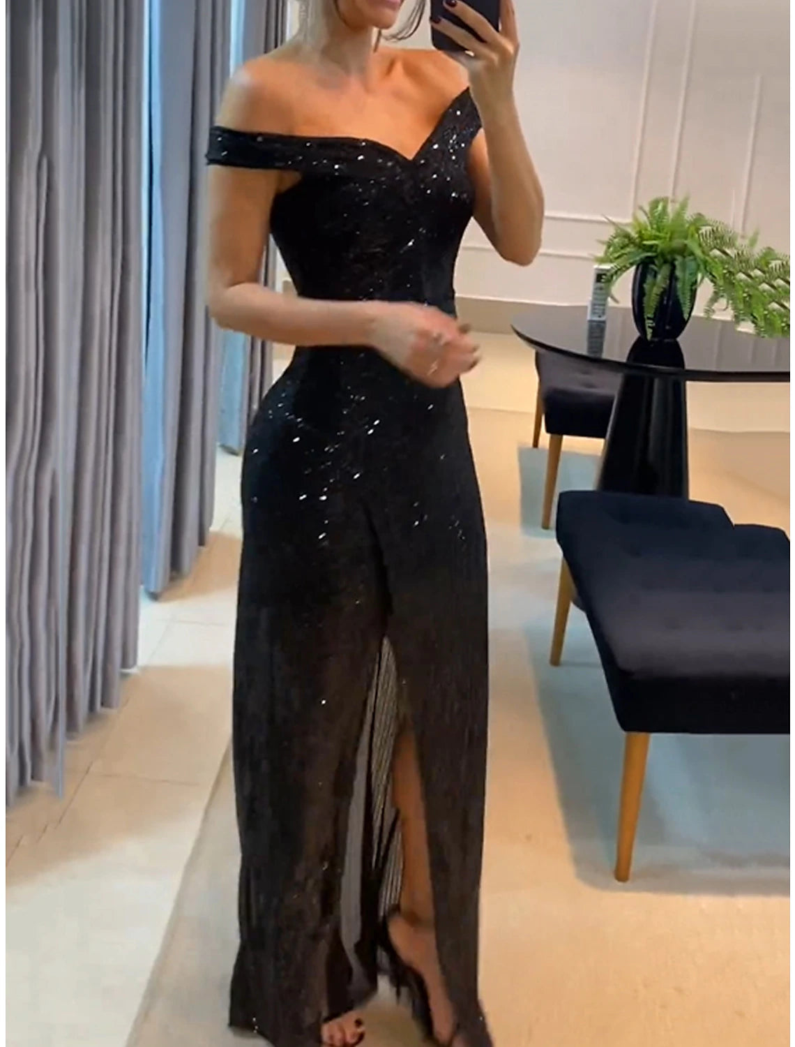 Weitese Women‘s Little Black Dress Prom Dress Party Dress Black Sequin Dress Maxi Dress Short Sleeve Spring Fall Winter Off Shoulder Party Evening Party Black Cocktail Dress
