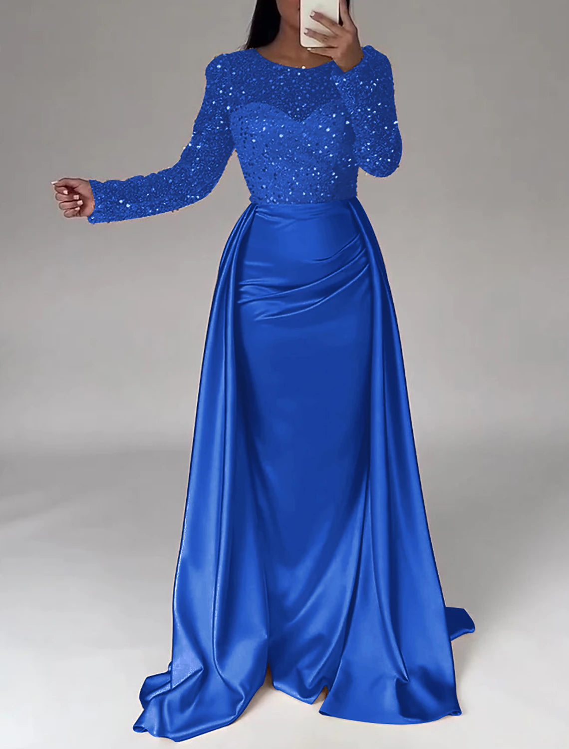 Mermaid Sequin Evening Gown Ruched Satin Dress Long Sleeves Floor Length Sparkle Illusion Neck Prom Wedding Guest Dress