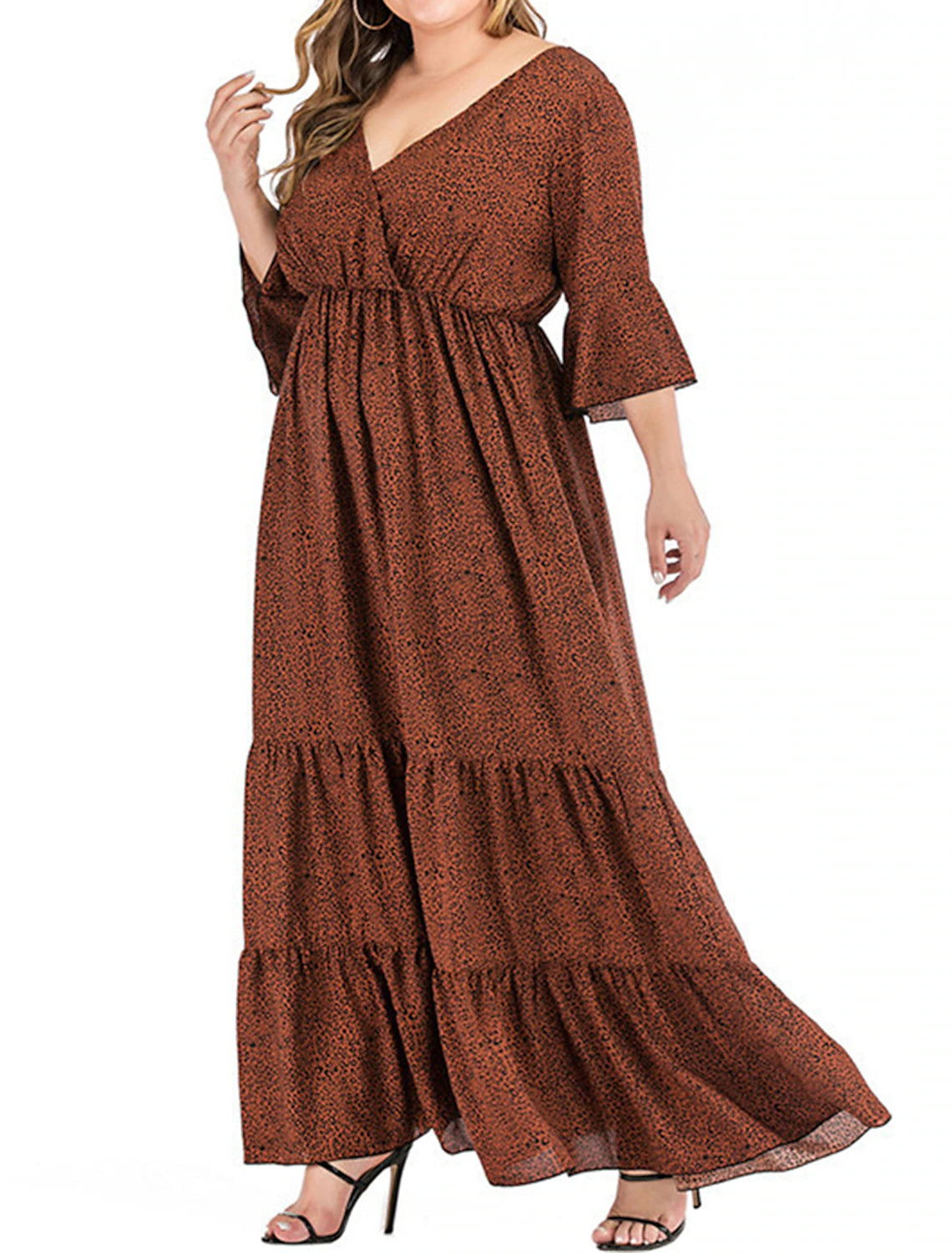 Robe de bal grande taille Weitese pour femme, robe de soirée, robe d'invitée de mariage, robe longue, robe maxi, marron, manches 3/4, imprimé léopard, été, printemps, automne, col en V, élégante, invitée de mariage, soirée d'anniversaire