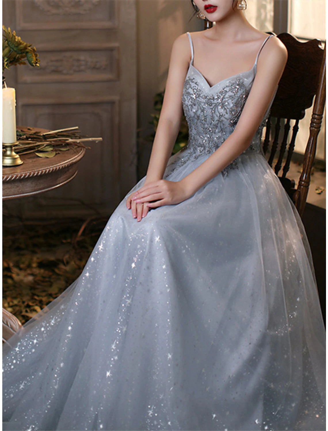 Weitese A-Line Prom Dresses Elegant Dress Wedding Guest Prom Floor Length Sleeveless Spaghetti Strap Tulle with Pleats Beading