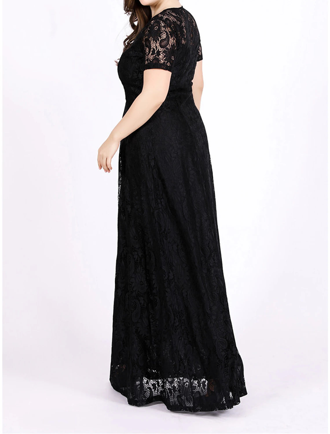 Weitese Femme Grande Taille Robe Noire Robe de Bal Robe de Soirée Robe Longue Robe Maxi Noir Blanc Manches Courtes Dentelle Unie Été Printemps Automne Col Rond Élégant Invité de Mariage Anniversaire Soirée Fête