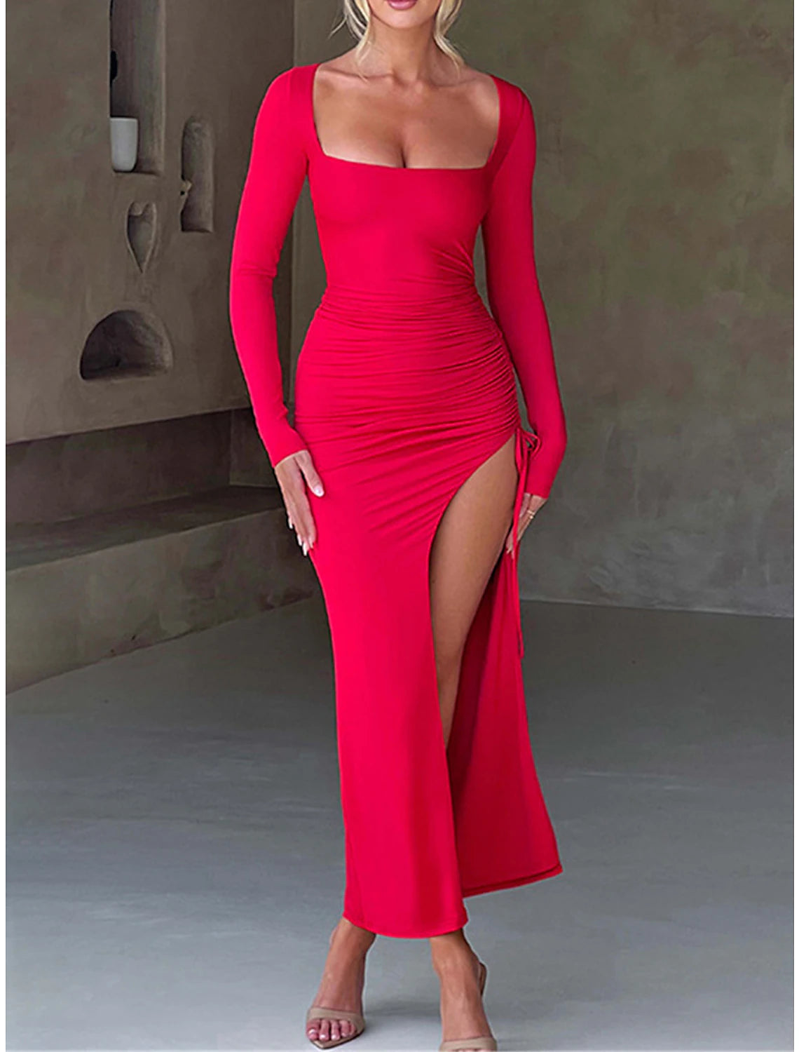 Women's Prom Dress Party Dress New Year's Eve Dress Wedding Guest Dress Long Dress Maxi Dress Black Red Long Sleeve Split Spring Fall Winter Square Neck