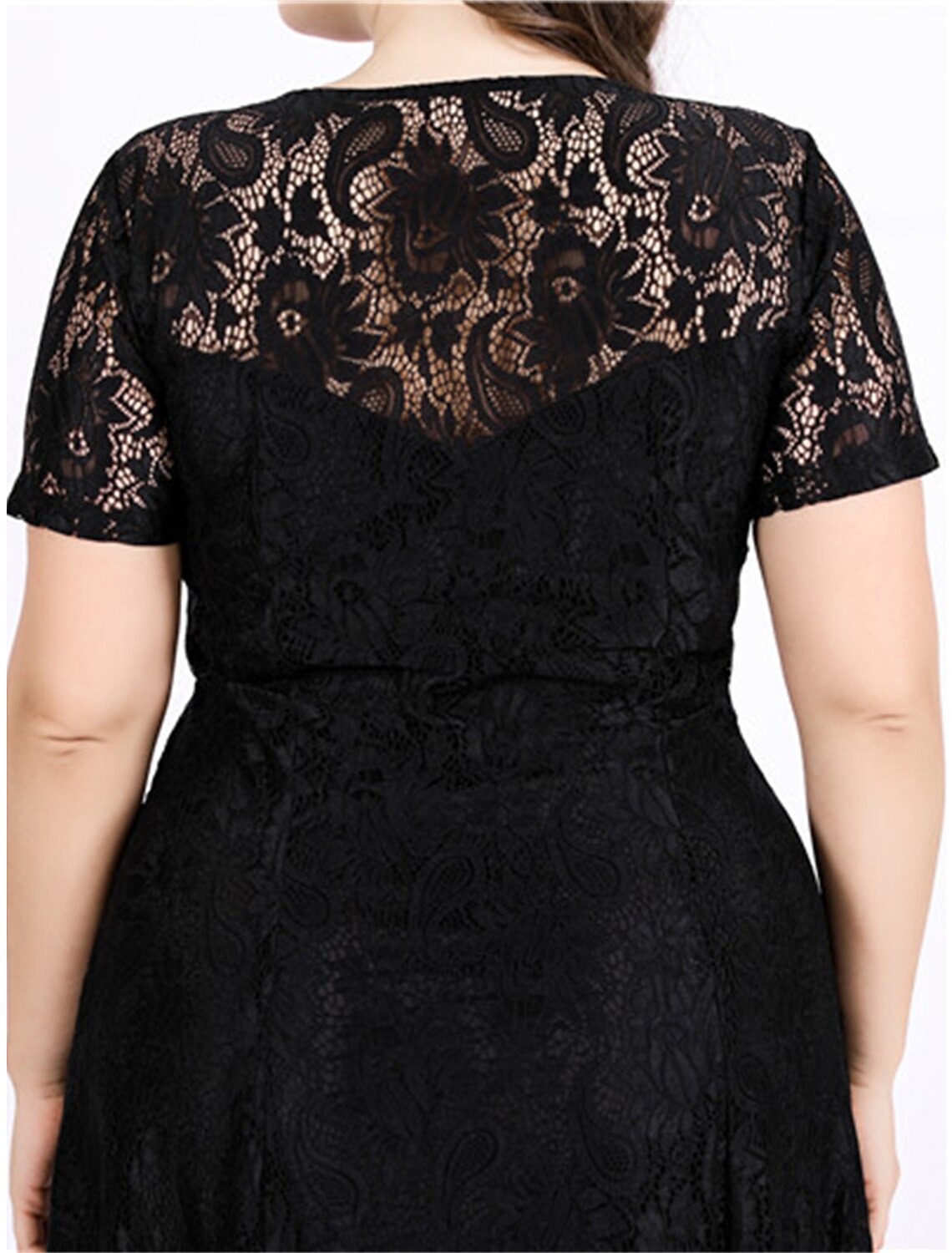 Weitese Femme Grande Taille Robe Noire Robe de Bal Robe de Soirée Robe Longue Robe Maxi Noir Blanc Manches Courtes Dentelle Unie Été Printemps Automne Col Rond Élégant Invité de Mariage Anniversaire Soirée Fête