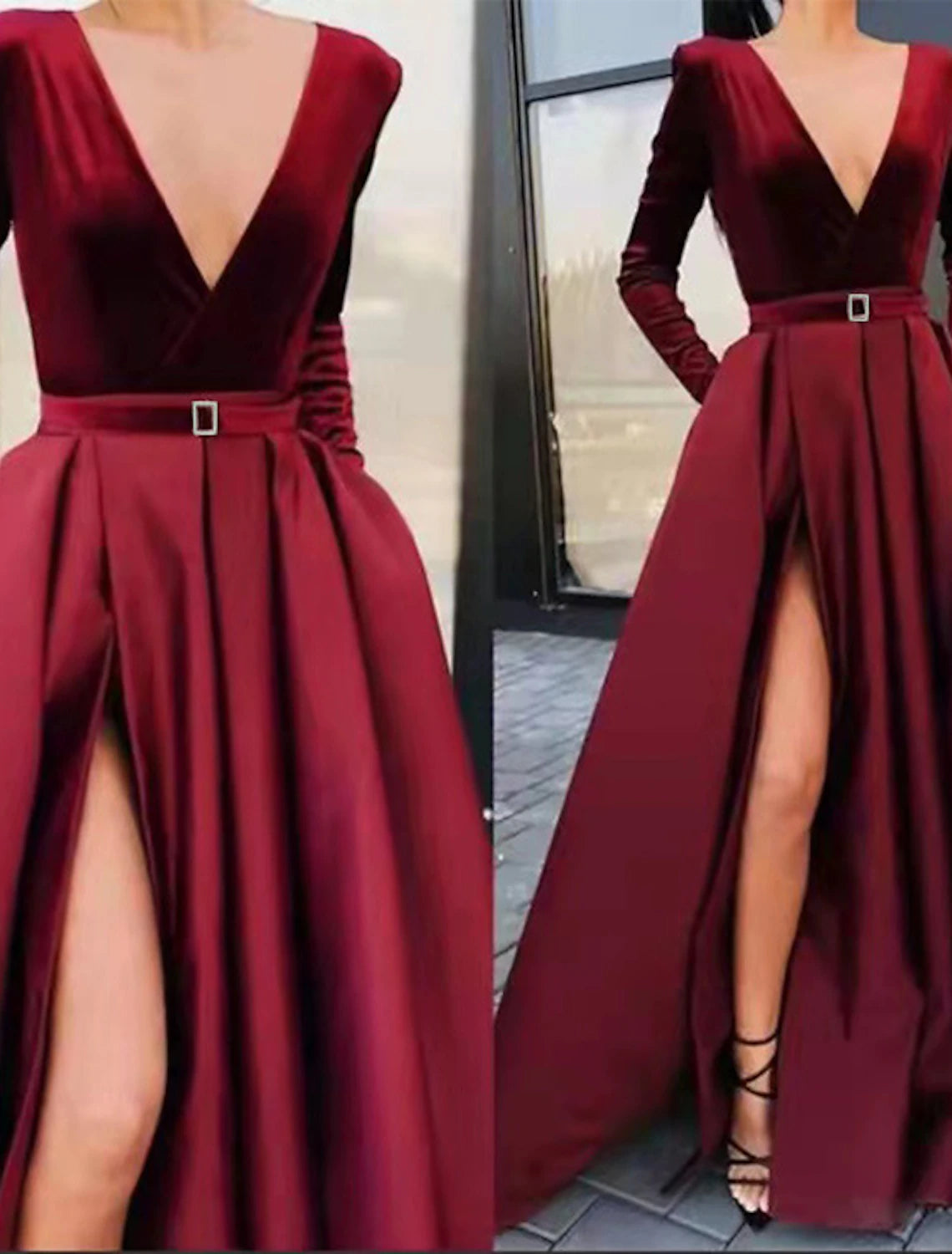 Vestido de fiesta para mujer, vestido de terciopelo, vestido largo rojo, vestido maxi vino, manga larga, color puro, fruncido, plisado, dividido, invierno, otoño, cuello en V, fiesta, elegante, vestido de otoño, vestido de invierno.