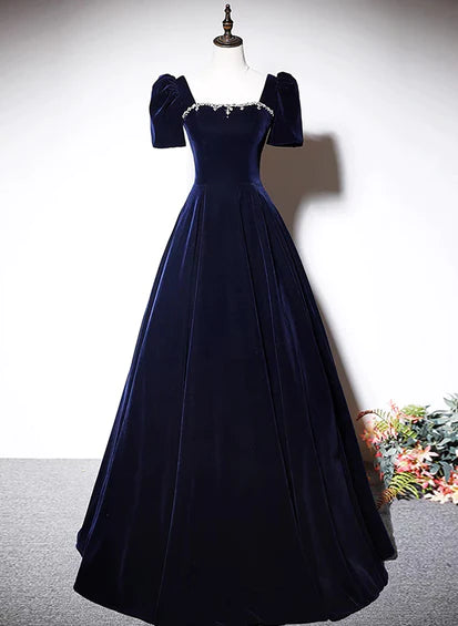 Robe de soirée longue en velours bleu marine coupe trapèze