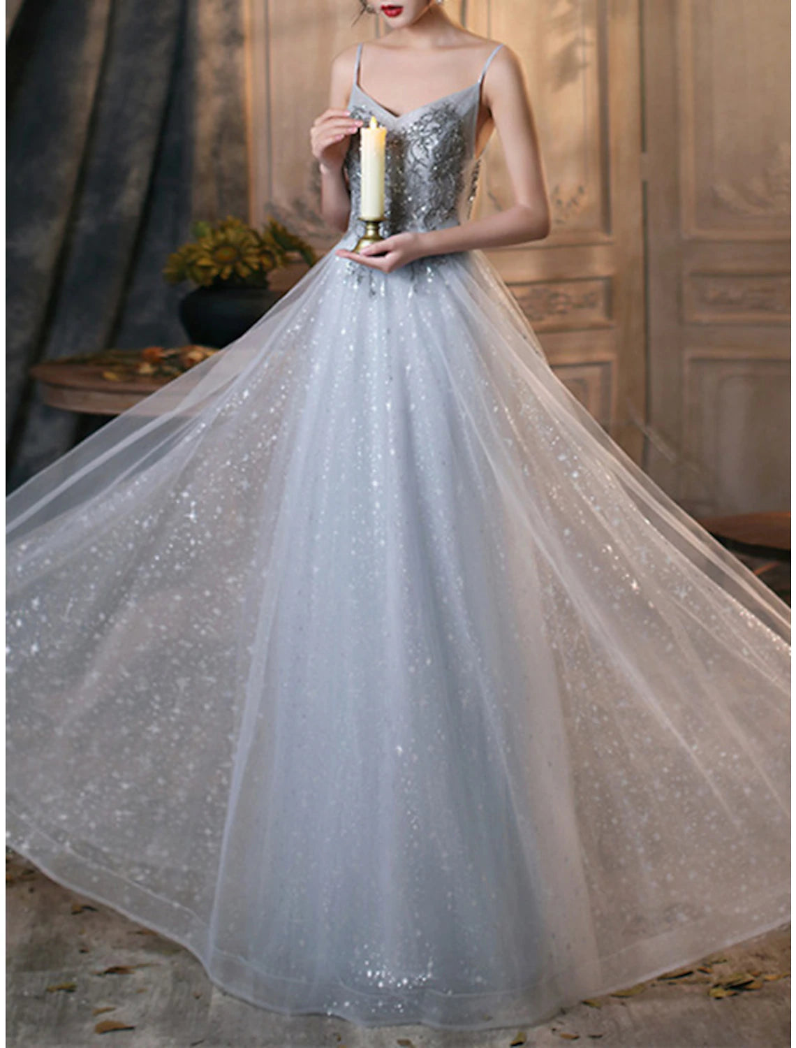 Weitese A-Line Prom Dresses Elegant Dress Wedding Guest Prom Floor Length Sleeveless Spaghetti Strap Tulle with Pleats Beading