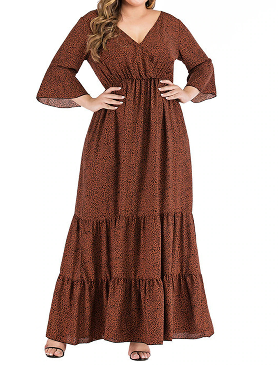 Robe de bal grande taille Weitese pour femme, robe de soirée, robe d'invitée de mariage, robe longue, robe maxi, marron, manches 3/4, imprimé léopard, été, printemps, automne, col en V, élégante, invitée de mariage, soirée d'anniversaire