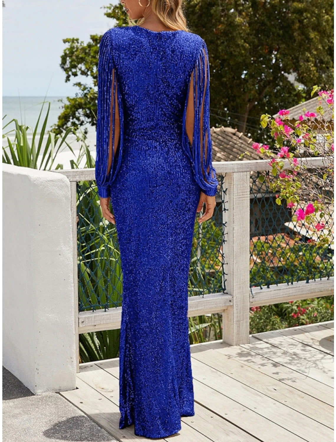 Weitese Sheath / Column Evening Gown Sparkle & Shine Dress Wedding Guest Party Wear Sweep / Brush Train Long Sleeve V Neck Sequined with Glitter Pleats