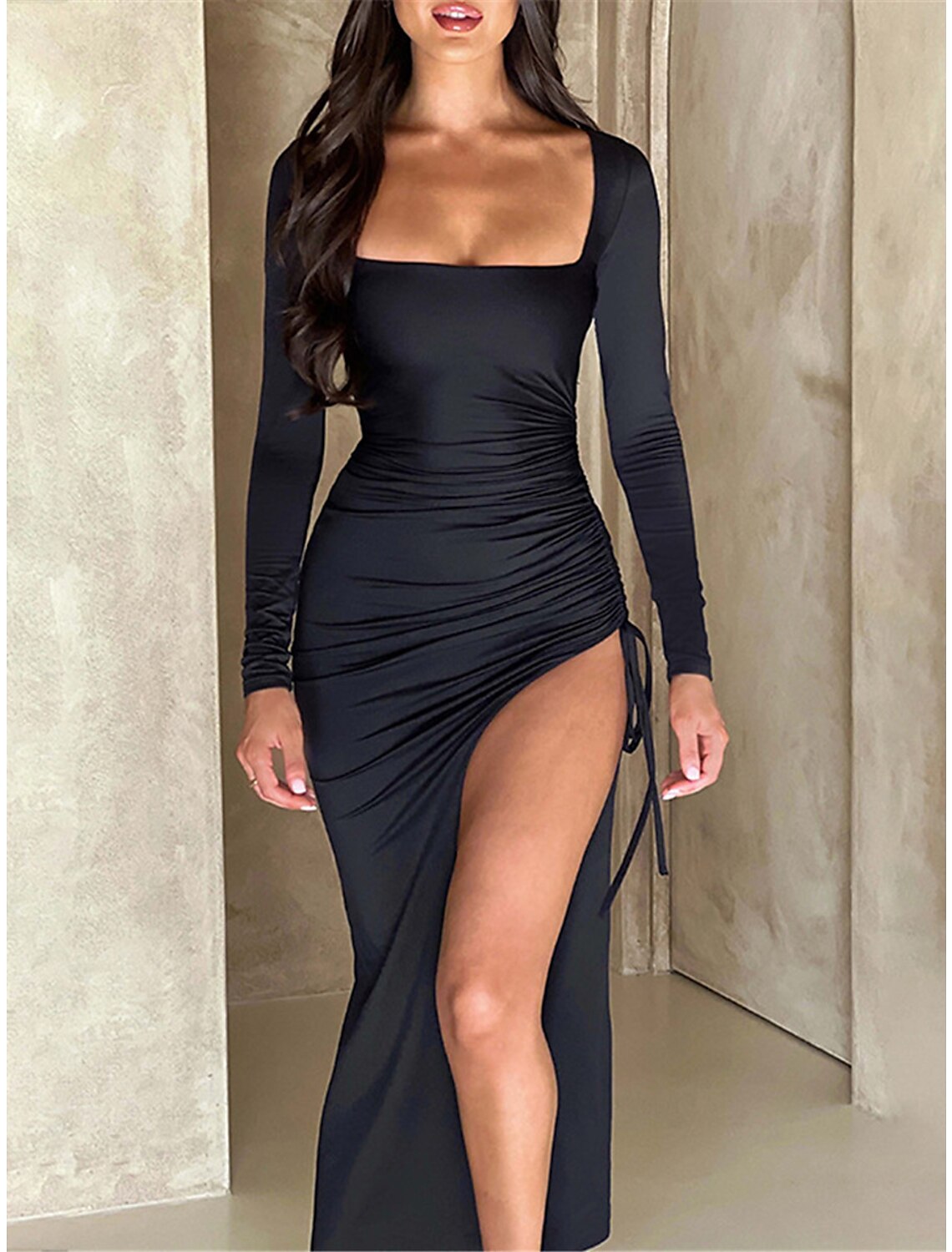 Women's Prom Dress Party Dress New Year's Eve Dress Wedding Guest Dress Long Dress Maxi Dress Black Red Long Sleeve Split Spring Fall Winter Square Neck