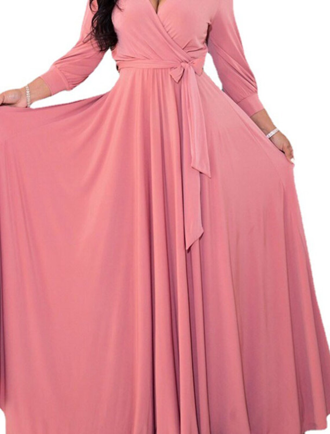 Robe de soirée grande taille pour femme, couleur unie, col en V, froncée, manches longues, élégante, robe de bal, maxi, longue, robe de soirée formelle