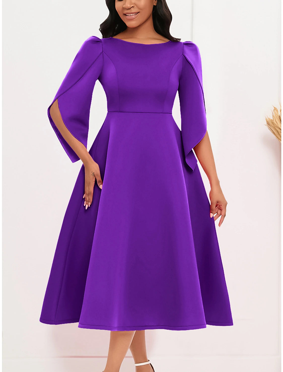 Robe de bal Weitese pour femme, robe de soirée, robe fourreau, robe mi-longue, bleu royal, violet, vert, demi-manches, couleur unie, froncée, automne-hiver, col ras du cou, mode soirée, vacances