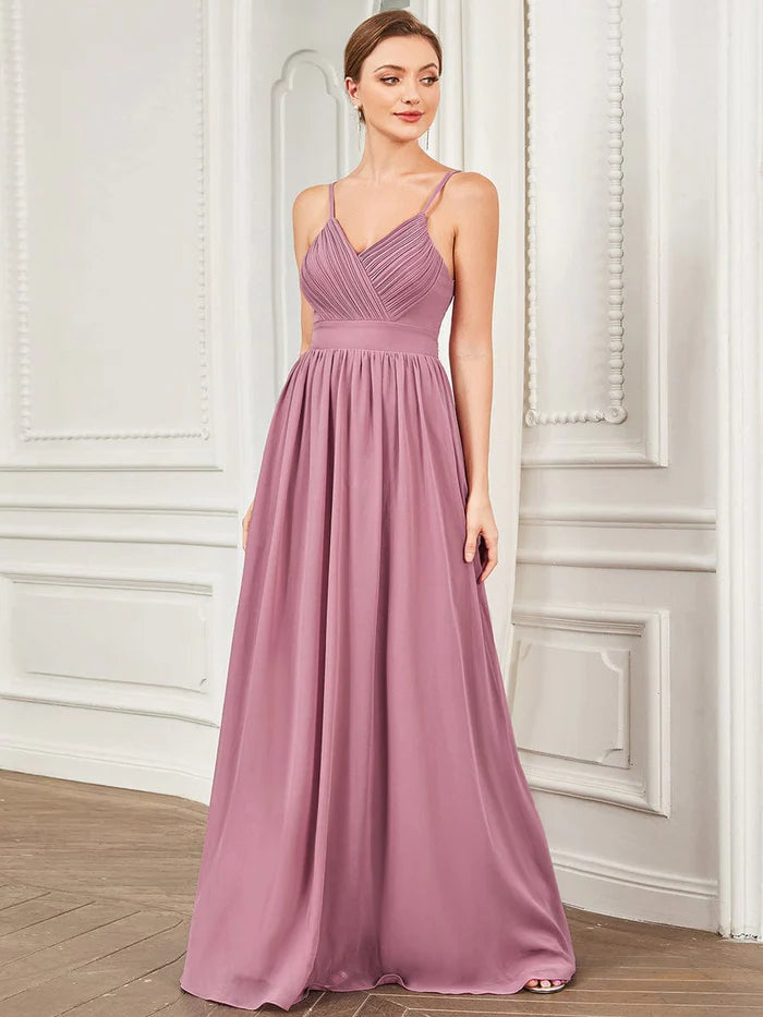 Weitese Chiffon Spaghetti Strap V-Neck Pleated A-Line Bridesmaid Dress