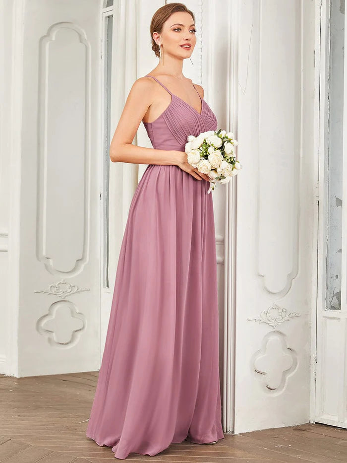 Weitese Chiffon Spaghetti Strap V-Neck Pleated A-Line Bridesmaid Dress