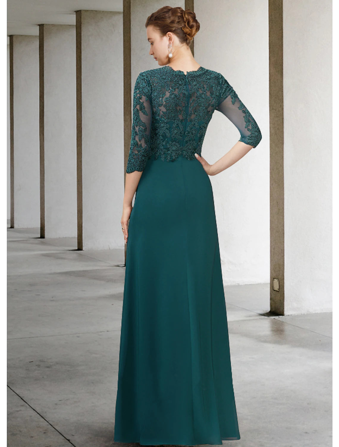 Weitese A-Line Mother of the Bride Dress Elegant V Neck Floor Length Chiffon Lace Half Sleeve with Draping Appliques