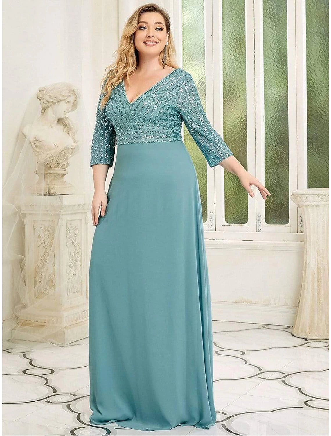 Robe de soirée trapèze Weitese grande taille, tenue d'invitée de mariage, cravate noire, longueur au sol, manches 3/4, col en V, mousseline, dos en V avec paillettes