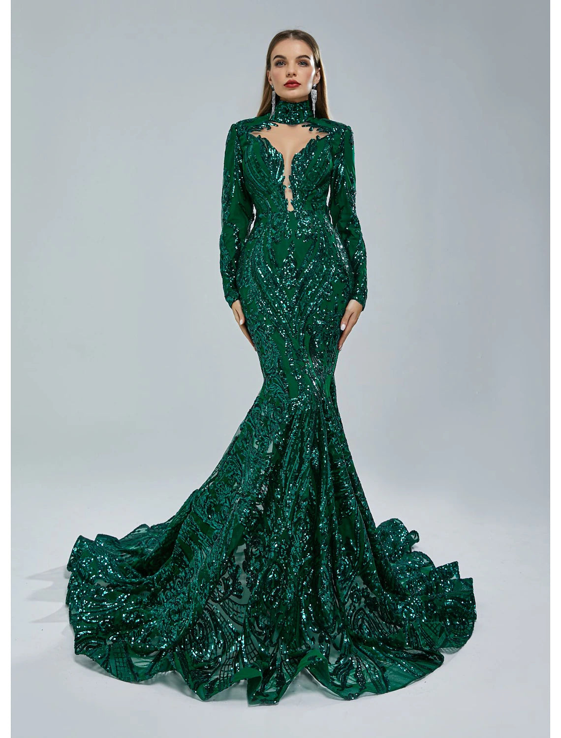 Weitese Mermaid Party Dress Evening Gown Sparkle & Shine Dress Carnival Christmas Red Green Dress Court Train Long Sleeve Stand Collar Lace with Sequin