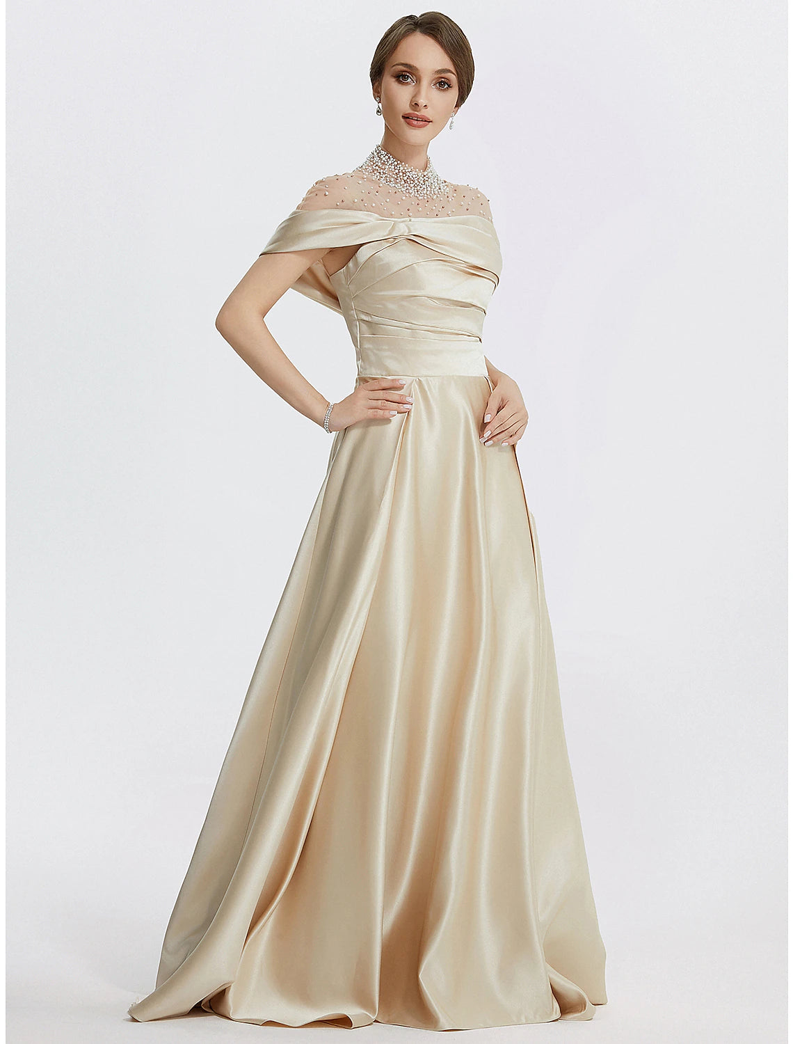 Weitese A-Line Evening Gown Elegant Dress Formal Prom Floor Length Sleeveless High Neck Italy Satin with Ruched Pearls