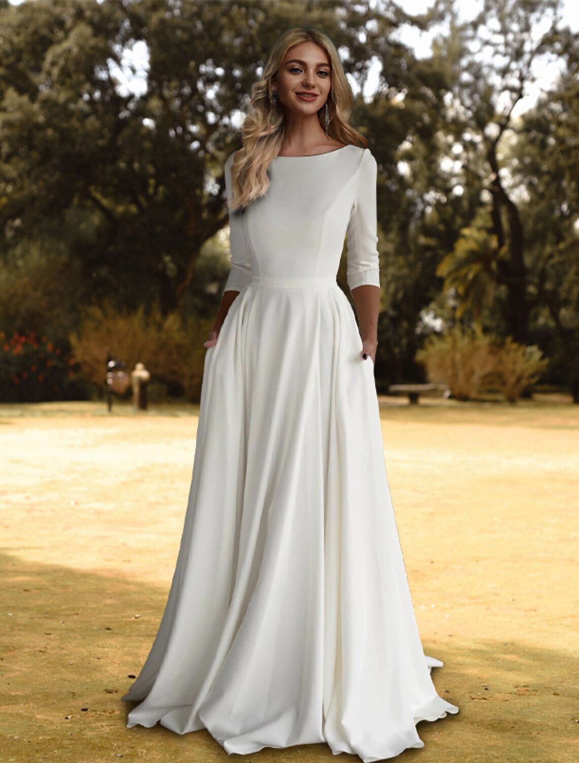 Weitese Hall Casual Wedding Dresses A-Line Scoop Neck 3/4 Length Sleeve Sweep / Brush Train Stretch Fabric Bridal Gowns With Pleats Solid Color