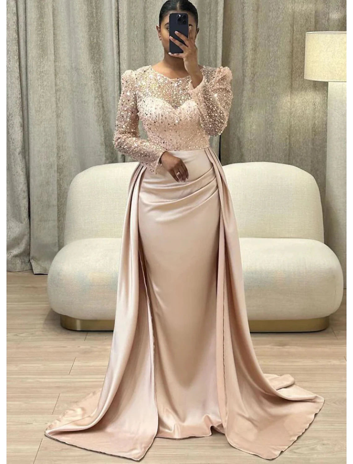 Mermaid Sequin Evening Gown Ruched Satin Dress Long Sleeves Floor Length Sparkle Illusion Neck Prom Wedding Guest Dress