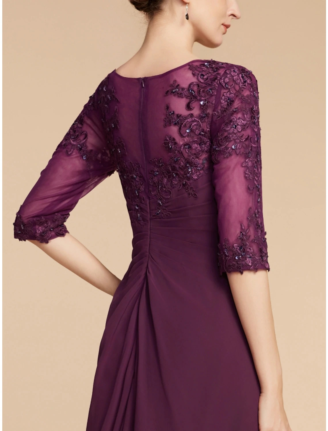 Weitese Sheath / Column Mother of the Bride Dress Wedding Guest Elegant Scoop Neck Floor Length Chiffon Lace Half Sleeve with Pleats Sequin