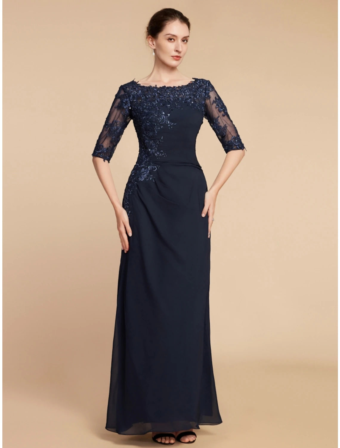 Weitese Sheath / Column Mother of the Bride Dress Wedding Guest Elegant Scoop Neck Ankle Length Chiffon Lace Half Sleeve with Sequin Ruching Solid Color