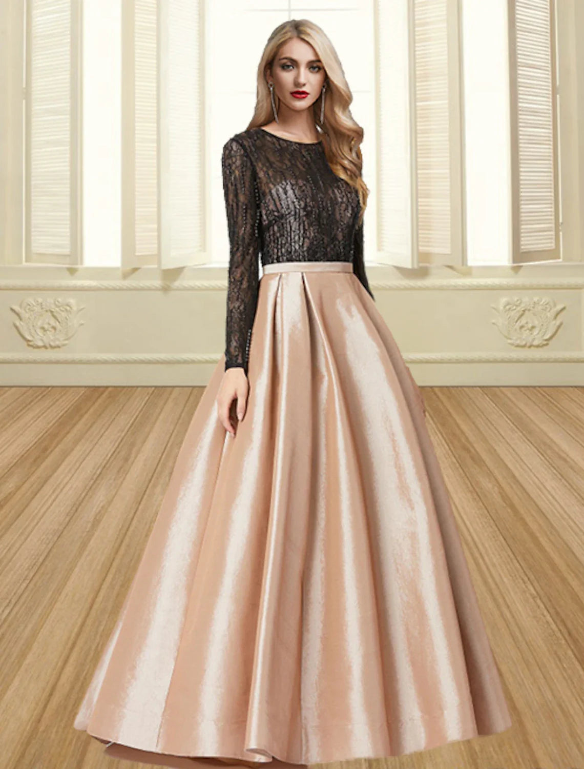 Evening Gown Color Block Dress Engagement Formal Evening Floor Length Long Sleeve Jewel Neck Satin with Pleats