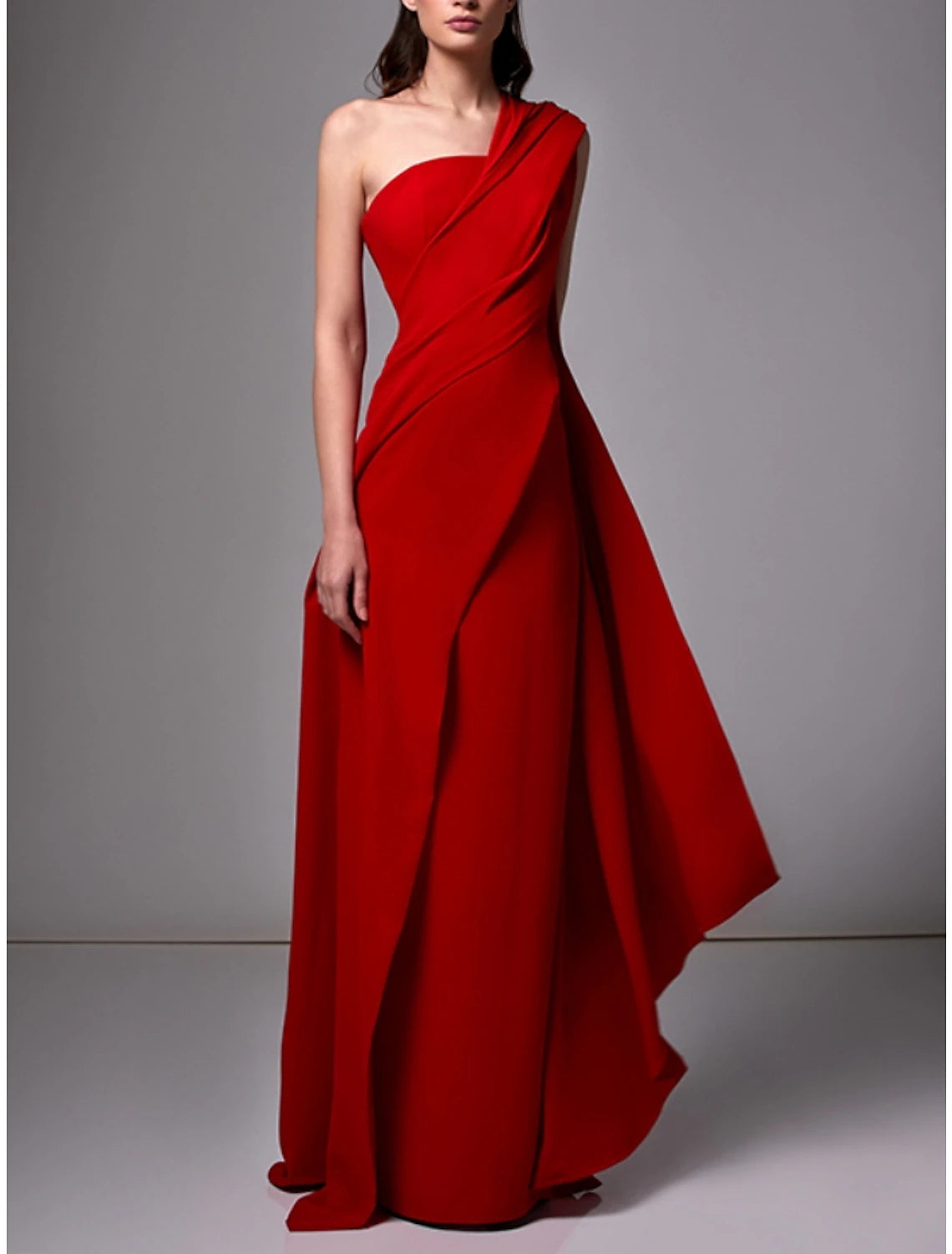 Sheath Evening Gown Red Green Dress Elegant Dress Formal Sweep / Brush Train Sleeveless One Shoulder Stretch Chiffon