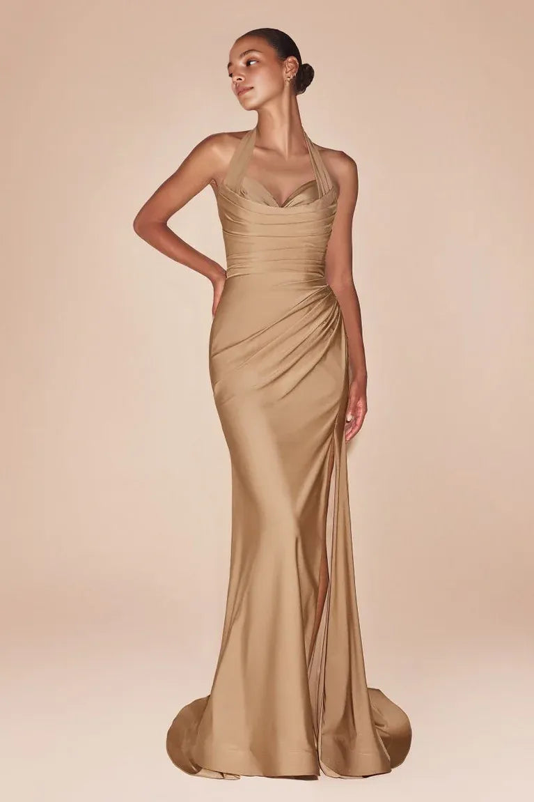 Robe Weitese en satin noir, col licou et coupe sirène pour une robe de bal élégante et intemporelle 
