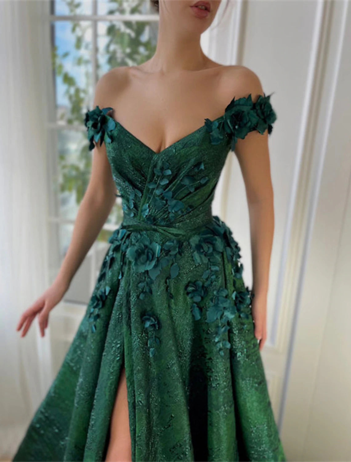 A-Line Evening Dresses Floral Dress Wedding Guest Wedding Party Court Train Sleeveless Off Shoulder Satin