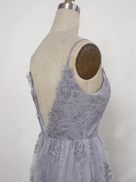Dusty Blue Lace Tulle Spaghetti Strap A-Line Gown
